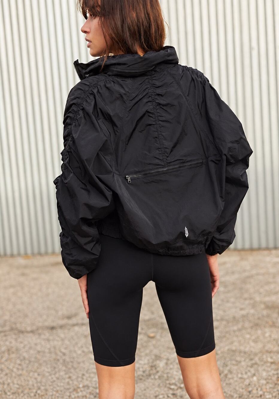 FP Movement Ruched Out Packable Jacket Black Cropped Windbreaker Small